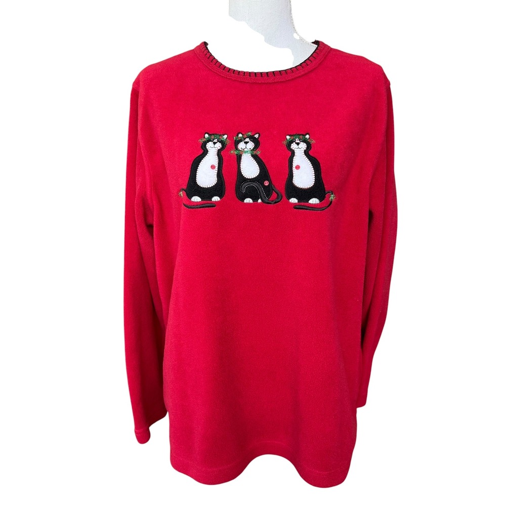 Cathy Daniels Red Fleece Christmas Cat Sweatshirt Womens Large Holiday Mouse L